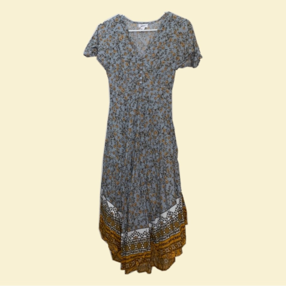 Blue/yellow, floral, v-neck, short sleeve, midi